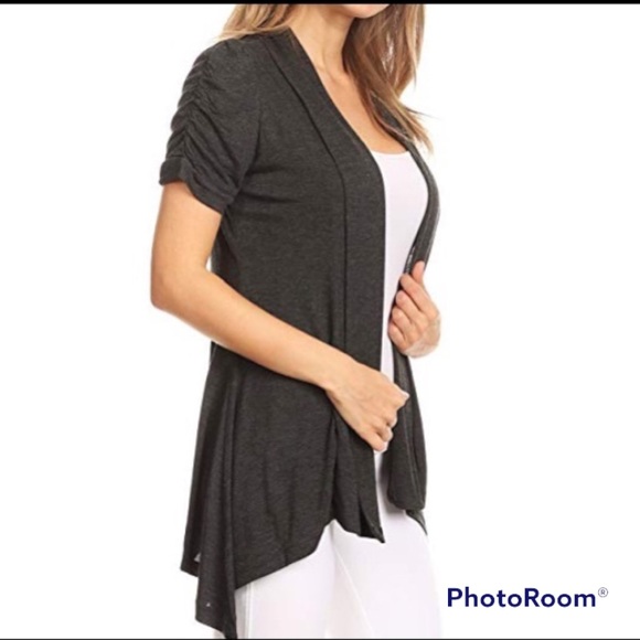 Ambiance Apparel Light Gray Short Sleeve Open Cardigan. - Picture 4 of 5